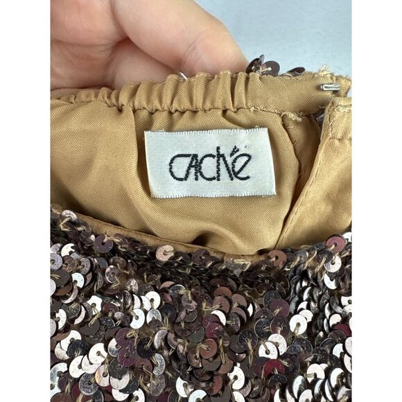 Cache Sequin Asymmetrical Top S Gold Silk & Polyester Spaghetti Straps - Picture 3 of 7